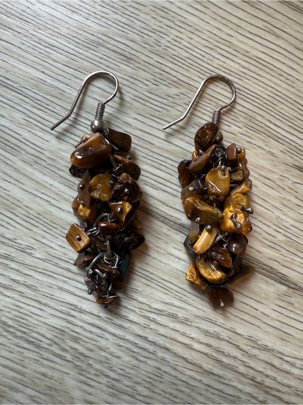 Tigers Eye Chip Beads Dangle Pierced Earrings Brown Silver tone 2” French Hooks